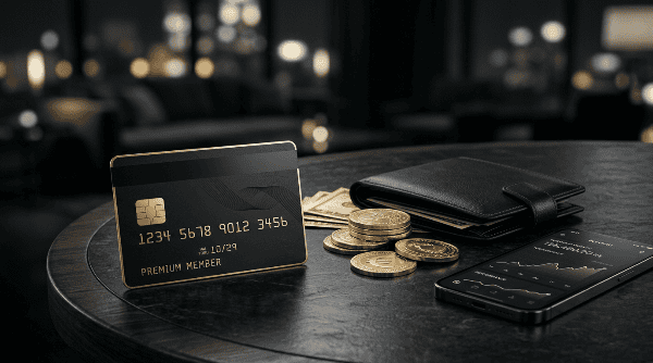 Cartão de crédito, moedas e smartphone sobre mesa escura.